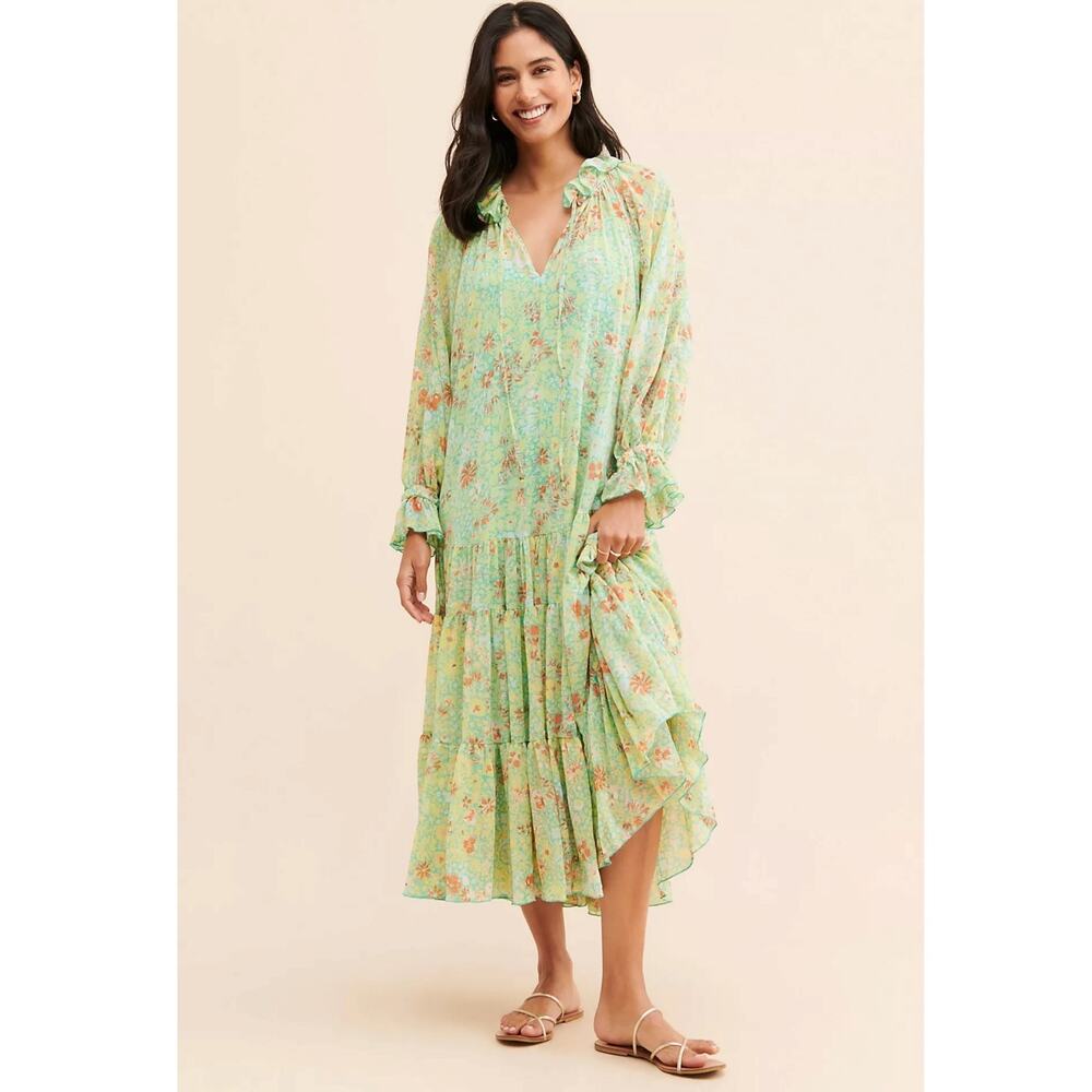 Free People Feeling Groovy Maxi Dress Size Medium 70s Chartreuse Floral Bohemian - Picture 13 of 16